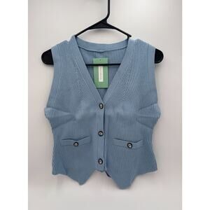 D-Sun Womens Ribbed Knit Vest Blue Sleeveless Button Front Size L New